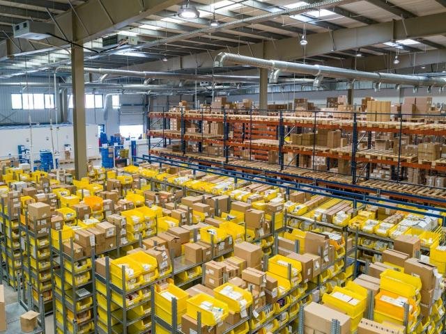 Rows of stock in a distribution warehouse